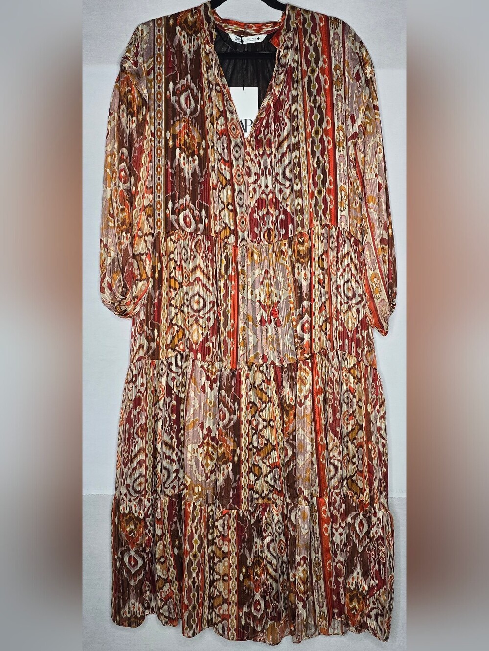 NWT Zara Bohemian Long Sleeve Midi Dress Size Large Stretchy Printed